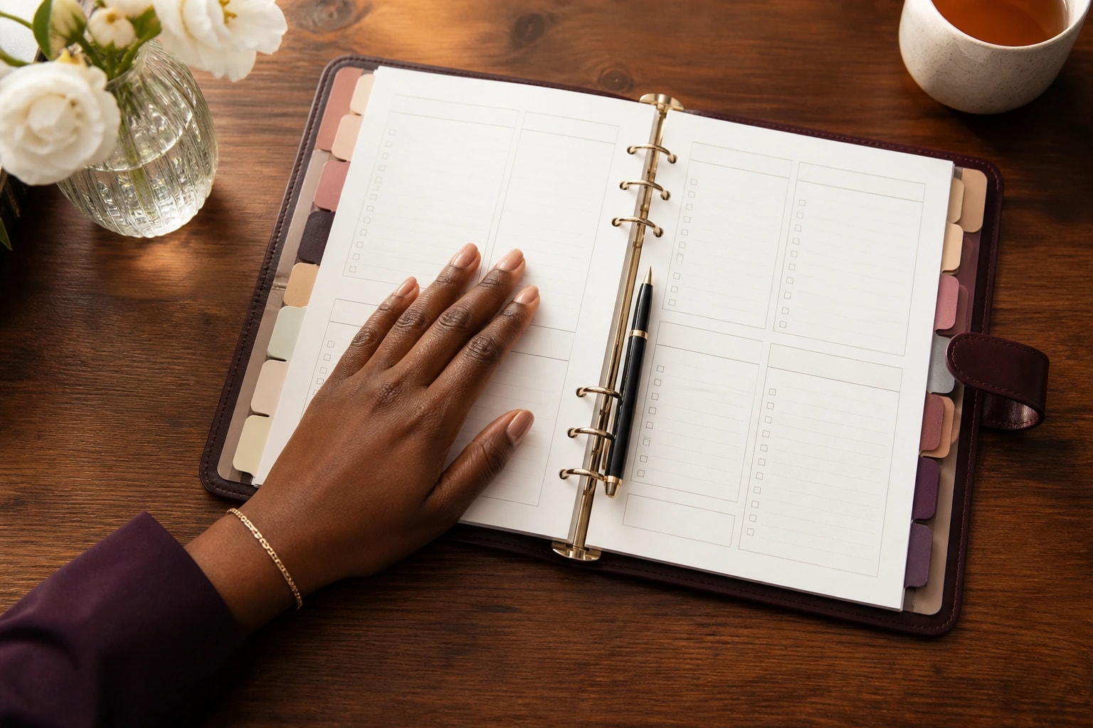 Natacha's hand resting on an open plum planning binder with gold rings and a pen