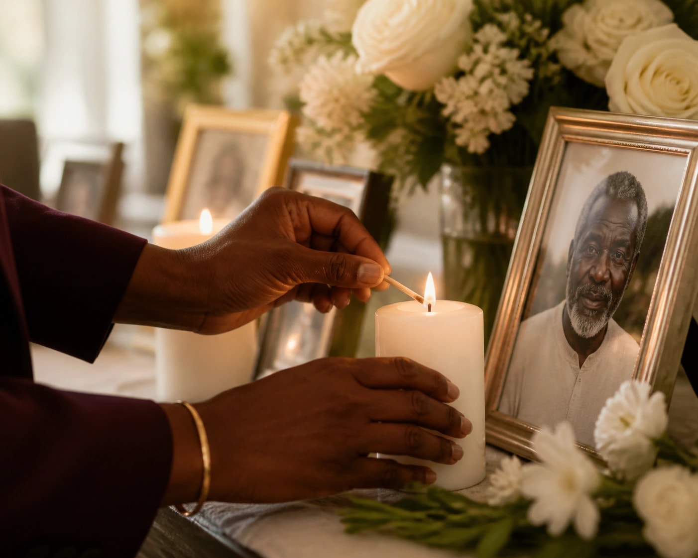 Hands lighting a white pillar candle beside a framed portrait photograph on a memory table