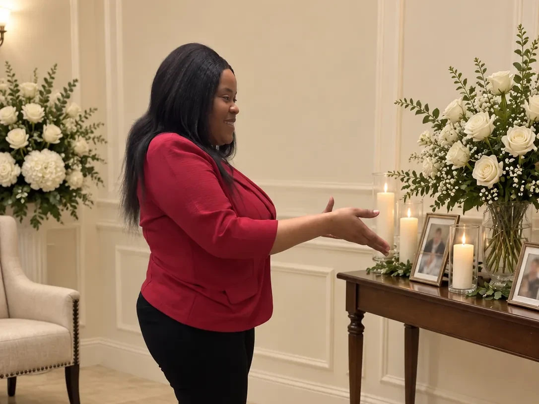 Natacha beside a memory table of white roses, candles, and framed photographs