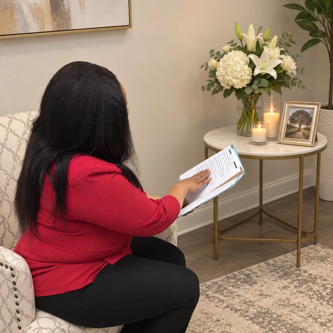Natacha seated beside a table of white flowers, candles, and a framed photograph