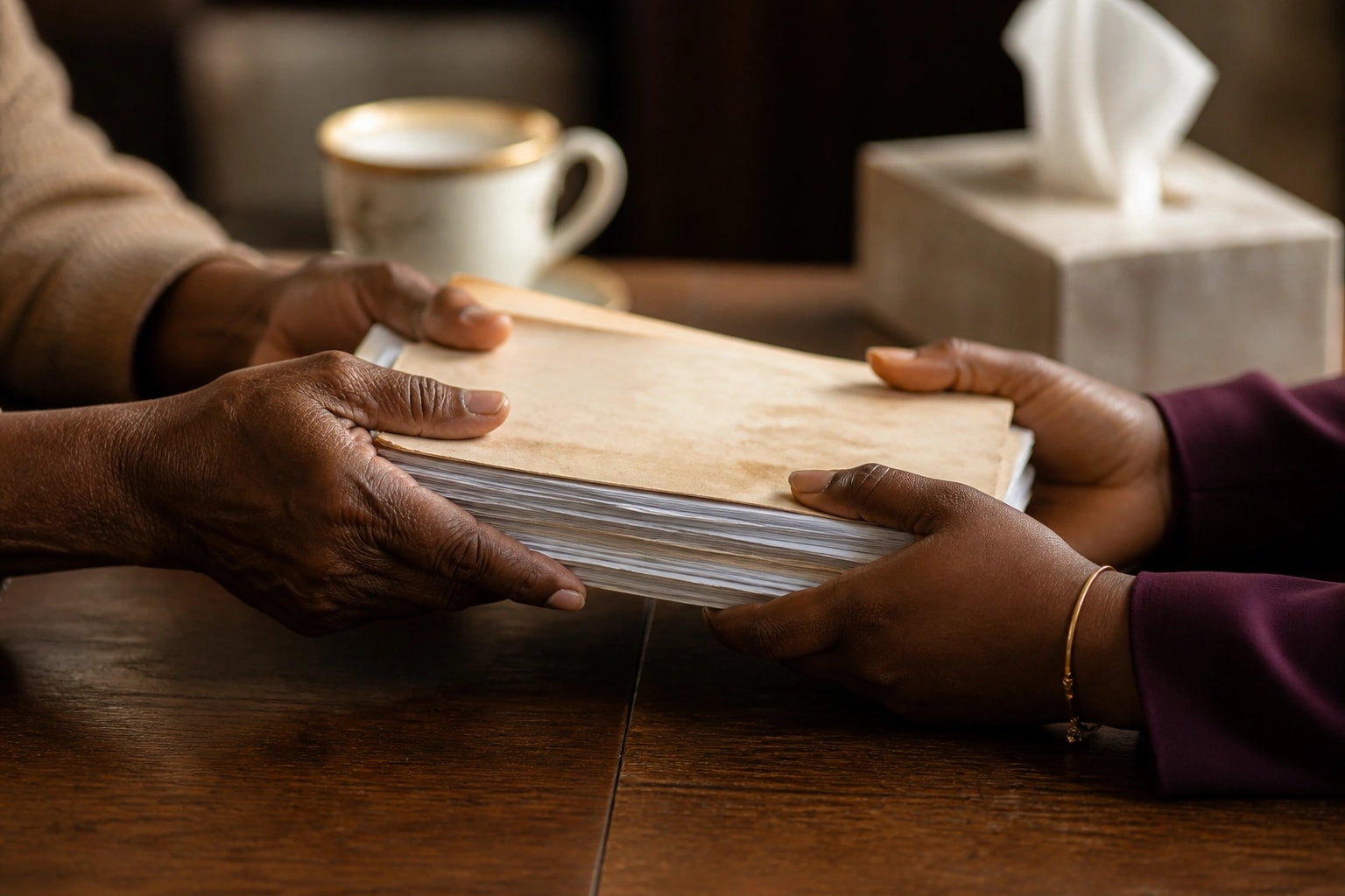 An older pair of hands passing a thick stack of documents across a table to Natacha, who takes it steadily