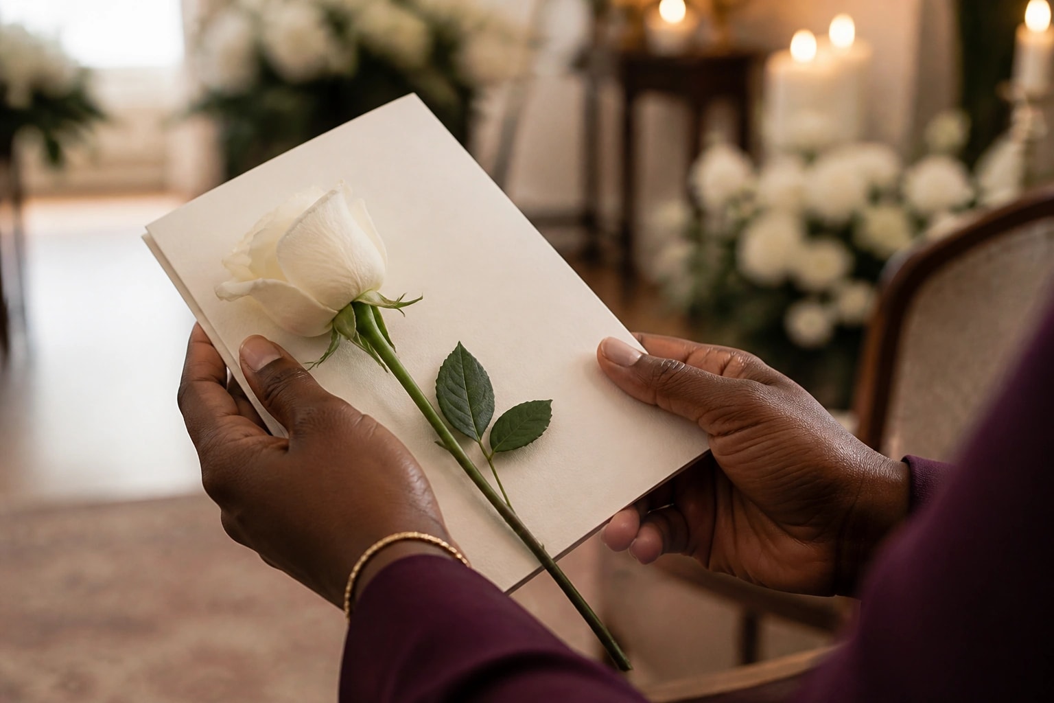 Hands holding a folded ivory memorial program with a single white rose laid across it