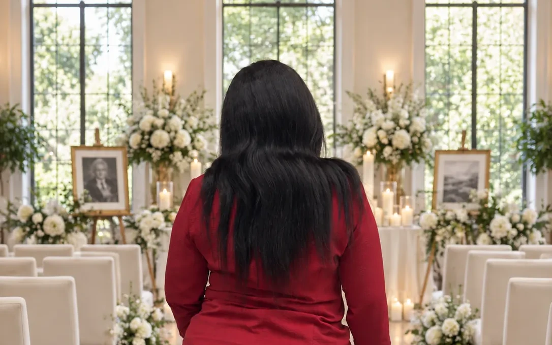 Natacha looking out over a room set for a celebration of life: rows of ivory chairs, white flowers, framed portraits and candles beneath tall arched windows