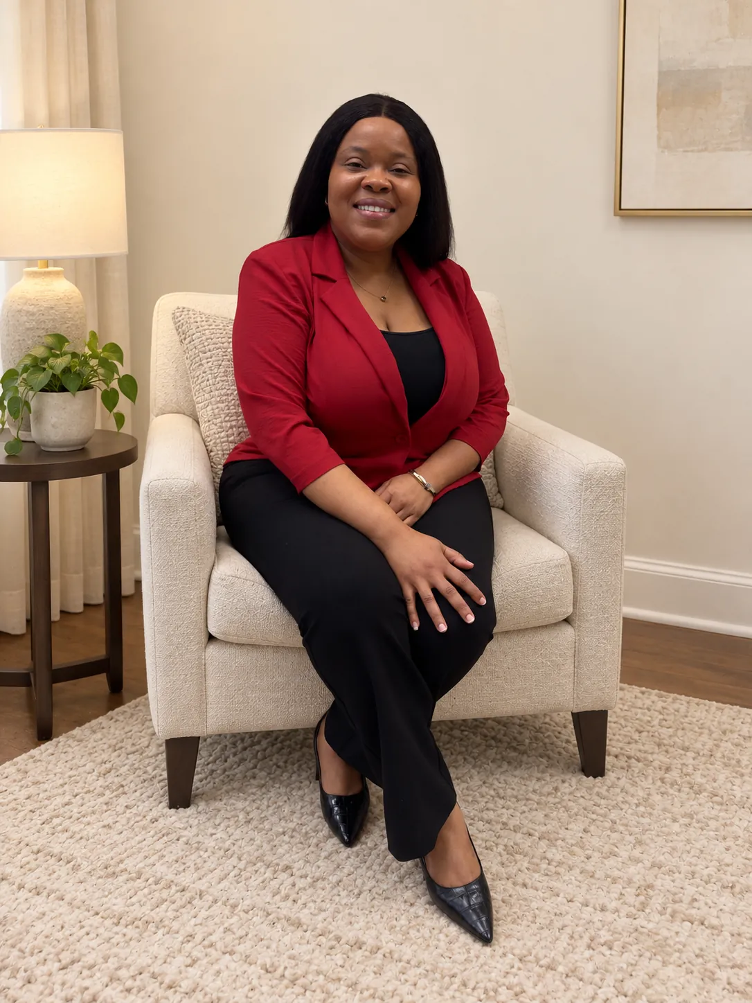 Natacha Alcindor seated, smiling, in a red blazer